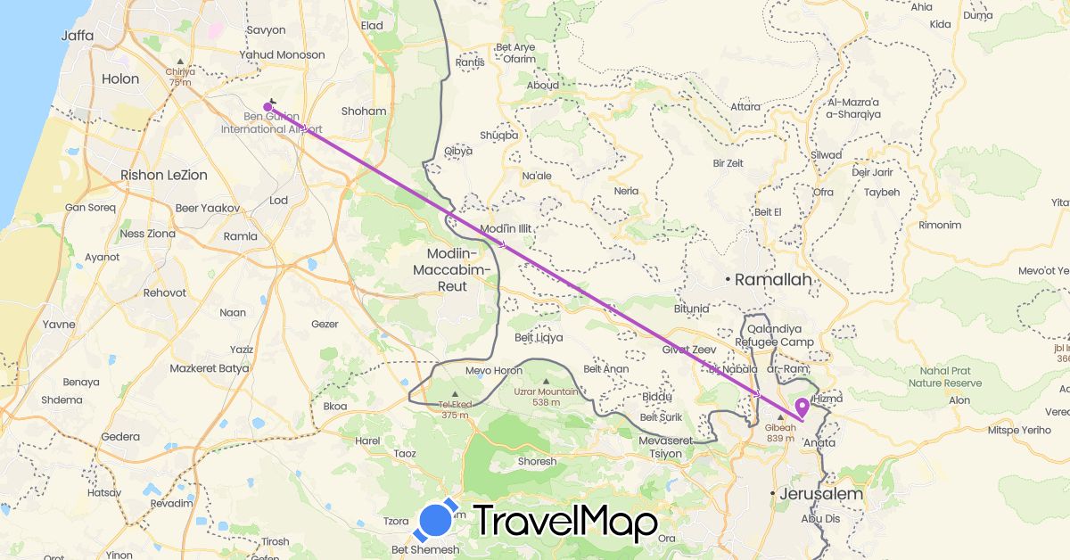 TravelMap itinerary: driving, train in Israel (Asia)